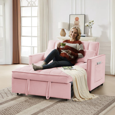 3 in 1 Convertible Sleeper Sofa Bed, Futon Couches for Living Room with Side Pocket/Adjustable Backrest, Velvet Upholstered Pull Out Couch, Small Loveseat Sofa Bed for Bedroom Office Small Spaces