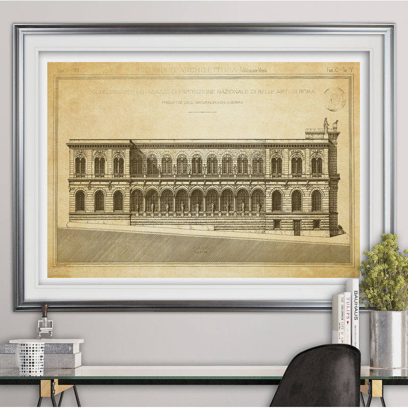 « rétro italien architecture stencil v », impression, H 18 po x l 27 po x P 1,5 po, Cadre argenté