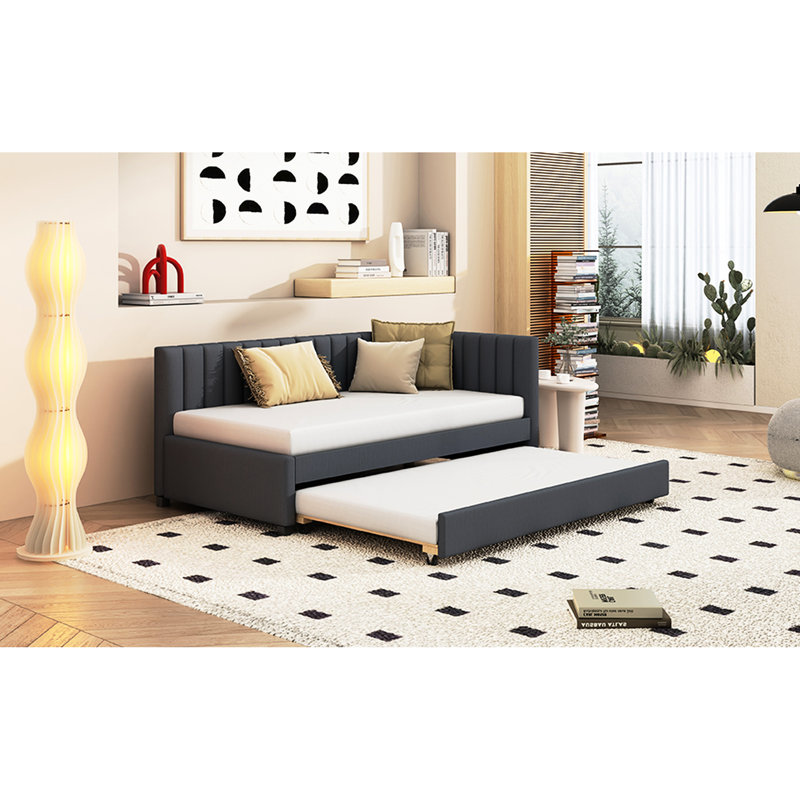 Twin Size Upholstered Daybed With Trundle, Linen Attachment, Strong Bed Element, No Box Spring, Gray Label Linen, Elegant Appearance