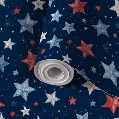 Peel and Stick PVC Wallpaper, Removable Self-Adhesive Wall Covering With Patriotic Red White Blue Star Navy Print, Waterproof for Home Decor - Roll