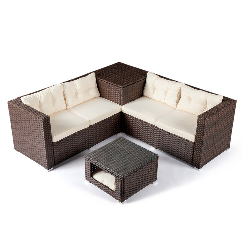 Patio 4-Piece Brown Wicker Conversation Set With Beige Cushions, Beige Cushion/Brown Frame
