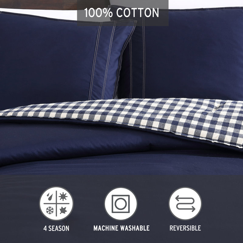 Navy Cotton Twin Reversible Comforter Set with Sham