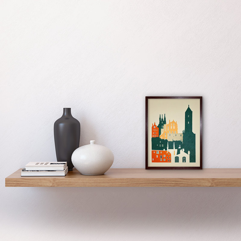 Edinburgh Old Town Retro Street - Print, 25.9cm H x 20.6cm W x 1.5cm D, Brown Framed Paper