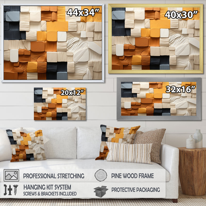 Cubique jaune et gris II sur toile, H 34 po x l 44 po x P 1,5 po, Cadre flottant noir