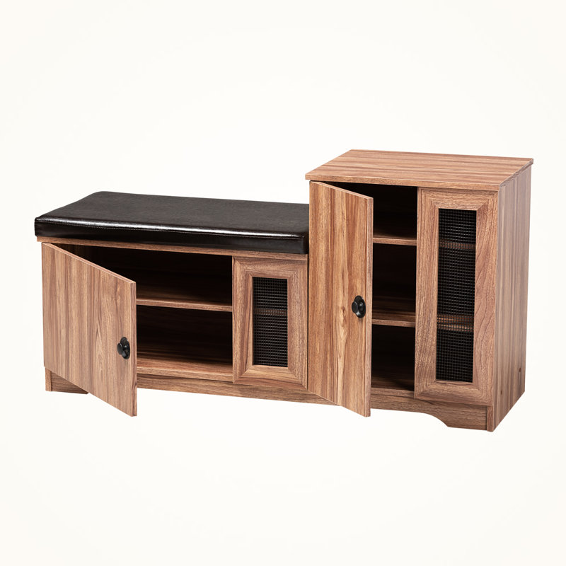 Solstice 2-Door Shoe Storage Bench in Dark Brown Faux Leather, 24.24" H X 47.87" W X 16.04" D