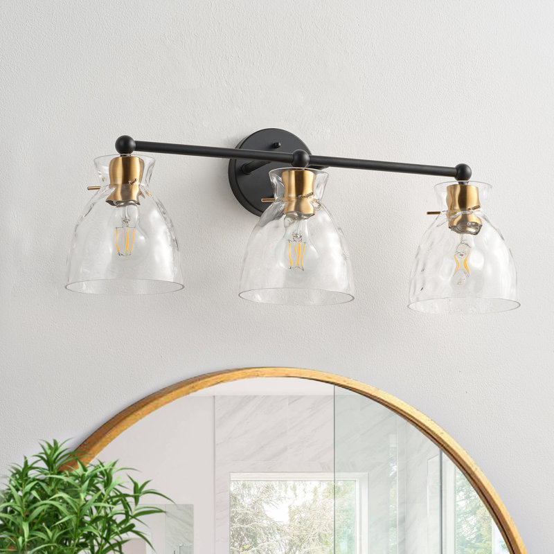 3-Light E26 Black & Brass Metal Vanity Light with Ribbed Glass Shades, Dimmable, UL Listed