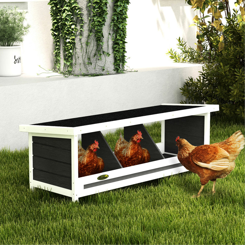 3 nichoirs à poulets, gris. Pour la ponte des œufs. Peut accueillir jusqu'à 3 personnes. Bois avec toit en asphalte. Intérieur ou extérieur. Vaste espace intérieur. Boîte d'assemblage grise simple, pour les œufs. &