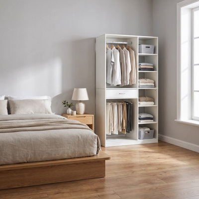 Système de rangement autoportant de 190 cm (74,8 po) avec 6 tablettes ouvertes, 2 tringles et 1 tiroir en bois, organisateur de garde-robe indépendant pour chambre à coucher ou garde-robe, blanc
