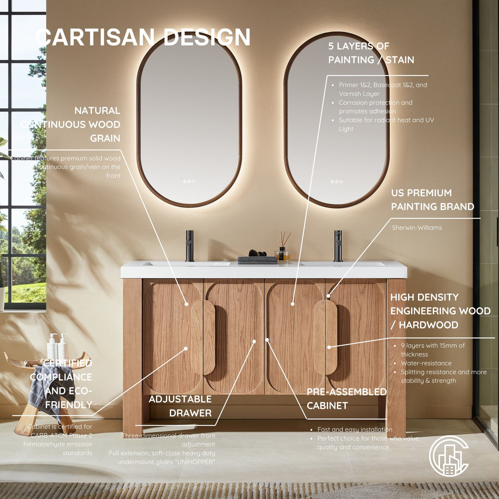 Munich 60" Double Vanity, Natural Teak, White