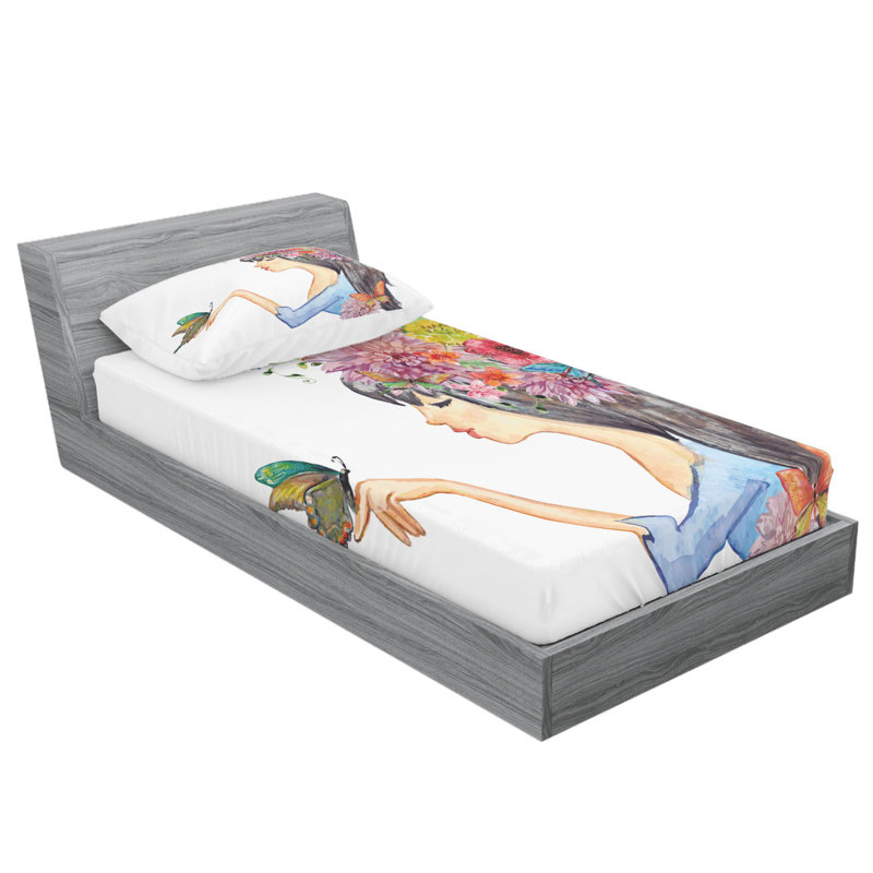 Ensemble de draps fleurs et feuilles avec un papillon à poils longs, Ensemble de draps pour lit simple avec drap-housse