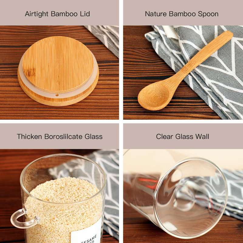 Pot en verre 6 pièces avec couvercle en bambou et cuillère - Grand contenant à sucre 17 oz avec 148 pots à épices Kitchen Pantry