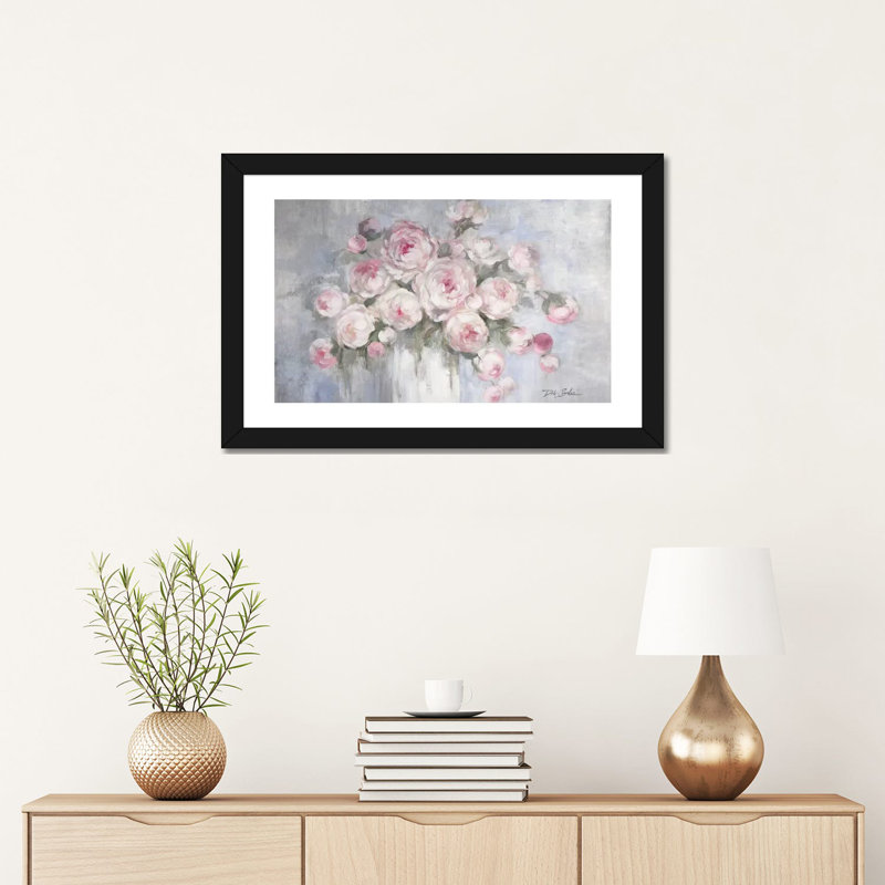 Pe pivoines dans un vase blanc par Debi Coules - reproduction d'art, H 16 po x l 24 po x P 1 po, Papier encadré noir, Blanc