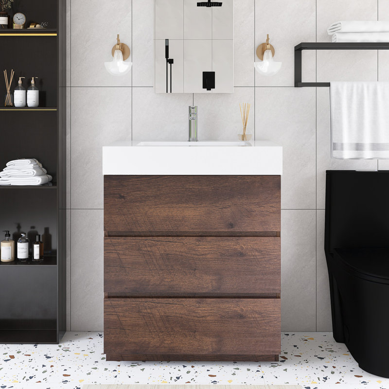Meuble-lavabo simple autoportant de 30 po avec plateau en résine, Brun
