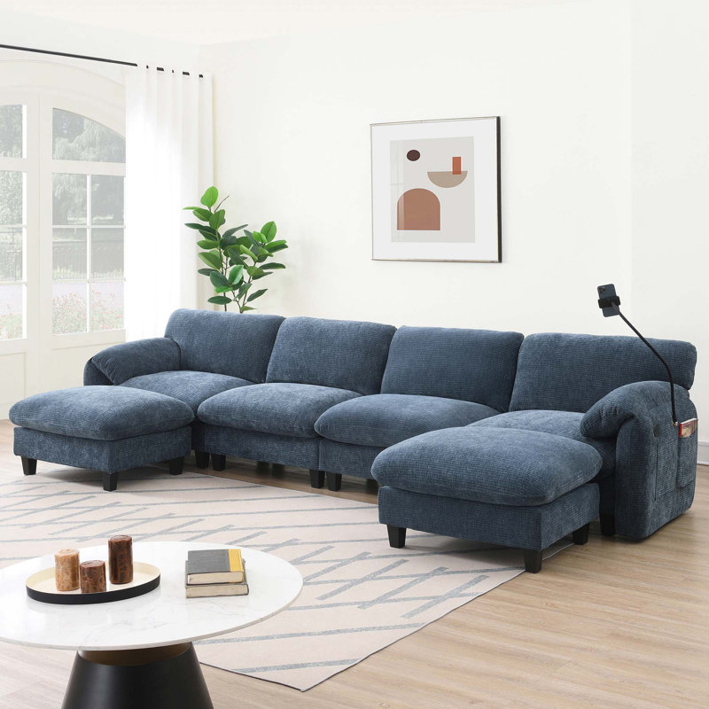 Canapé modulaire de 140 po en forme de U avec coussin de siège extra large de 31,5 po, chargeur USB et de type C, support pour téléphone et 2 poches de rangement latérales, repose-pieds à mouvement libre, chenille rayée