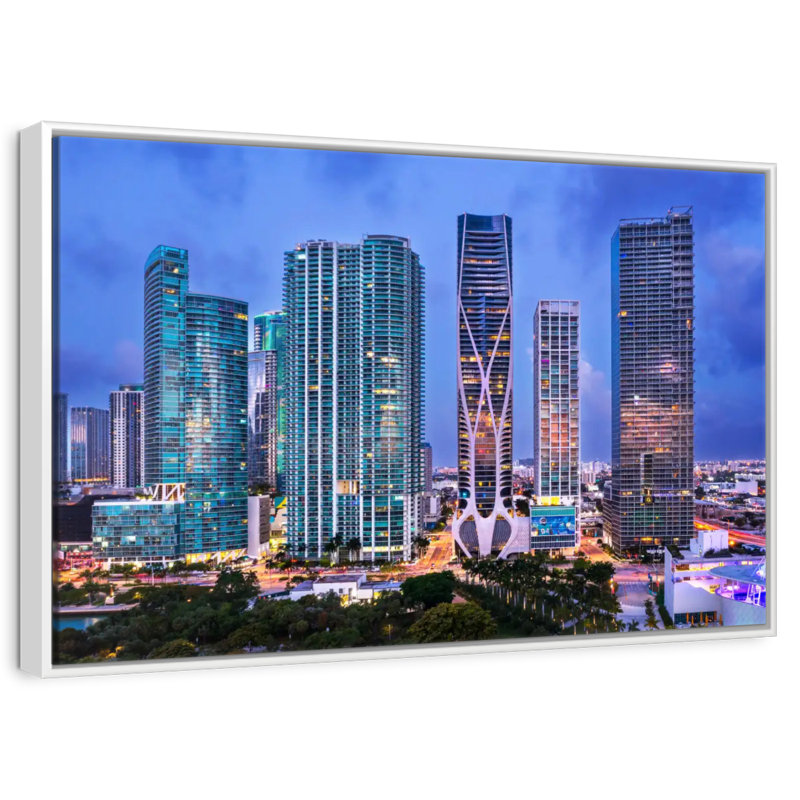 Vue aérienne du centre-ville de Miami, Cadre flottant blanc, 13 po x 9 po