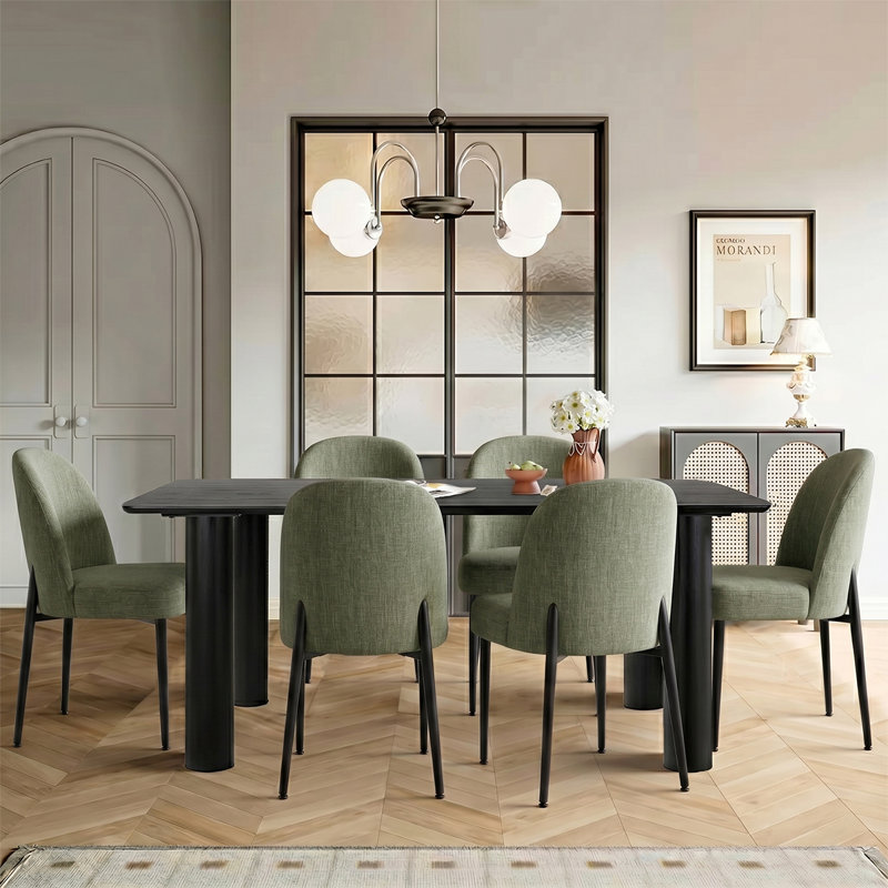 7-Piece Modern Dining Table Set With Upholstered Chairs With Metal Legs, Green