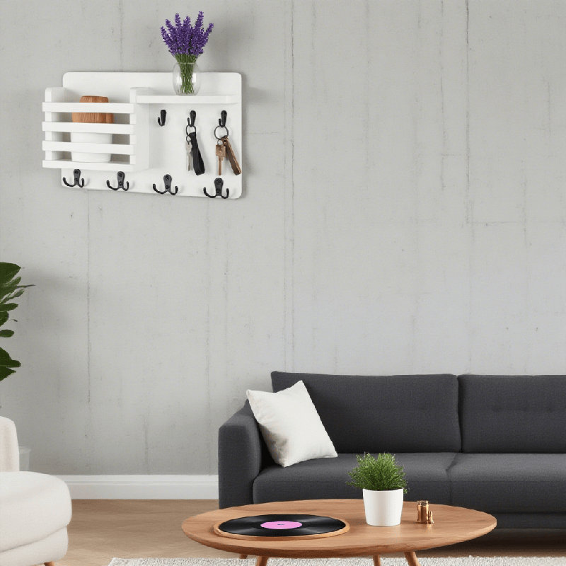Organisateur de courrier mural avec crochets à clés et tablette flottante, décor de maison de campagne en bois naturel pour les lettres, les clés et les articles essentiels
