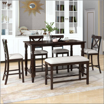 6-Piece Counter Height Dining Table Set Table with Shelf 4 Chairs and Bench for Dining Room