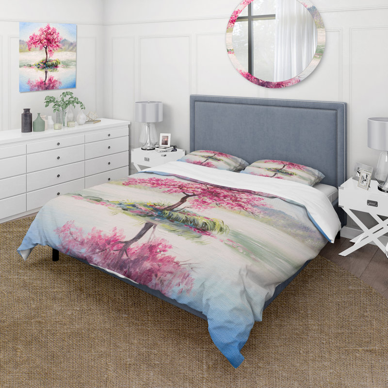 Cerisier oriental sur le lac - Ensemble de housse de couette Lake House - Polyester microfibre
