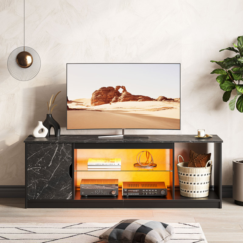 Media Console, LED TV Stand for 65 Inch TV, Gaming Entertainment Center with Glass Shelf, Black Marble