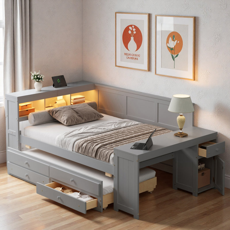 Modern Daybed With Storage Shelves, Drawers, Trundle, Charging Station, Led Light, Desk And Cabinet, Gray
