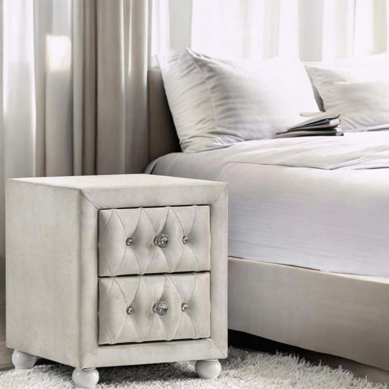 Reggie Beige Fabric Nightstand,2 Storage Drawers,Upholstered, Beige