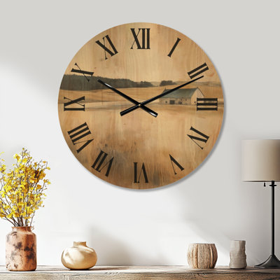 Golden Fields Farmhouse II - Country Round Wood Wall Clock