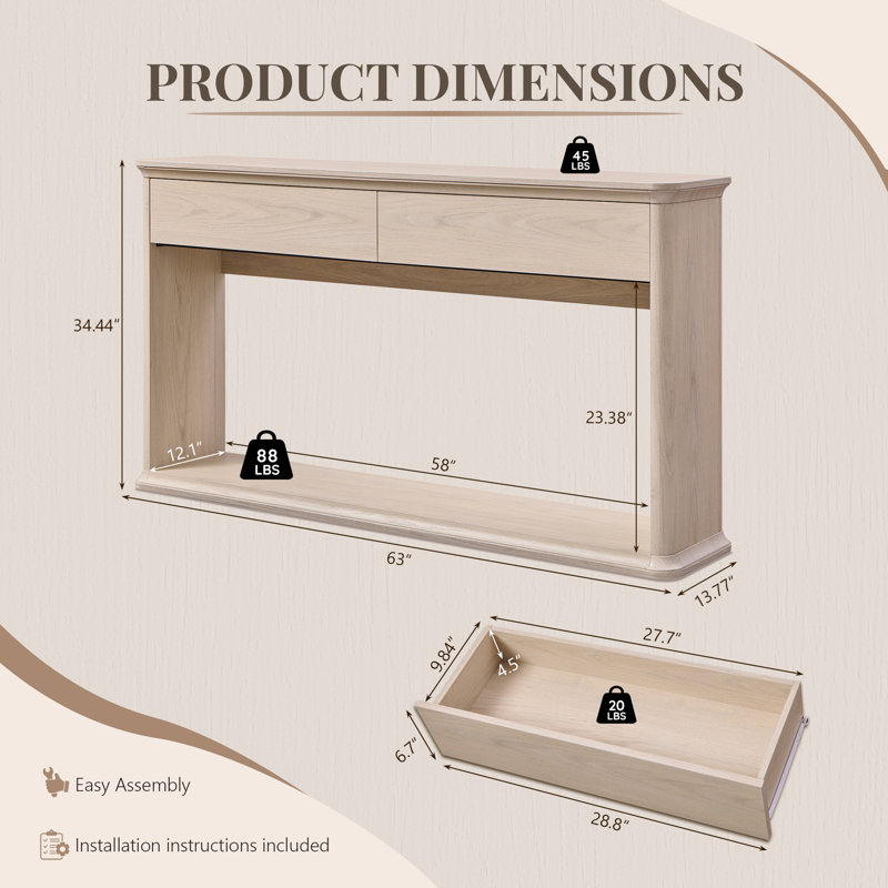 Console de 160 cm avec 2 tiroirs, idéale pour l'entrée, le salon, le corridor ou le hall d'entrée, ou à placer derrière un canapé.