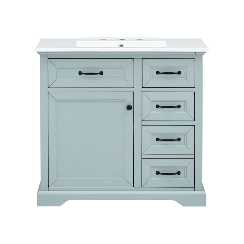 Meuble-lavabo de 36 po en gris - lavabo en céramique, 4 portes, 4 tiroirs, charnière silencieuse