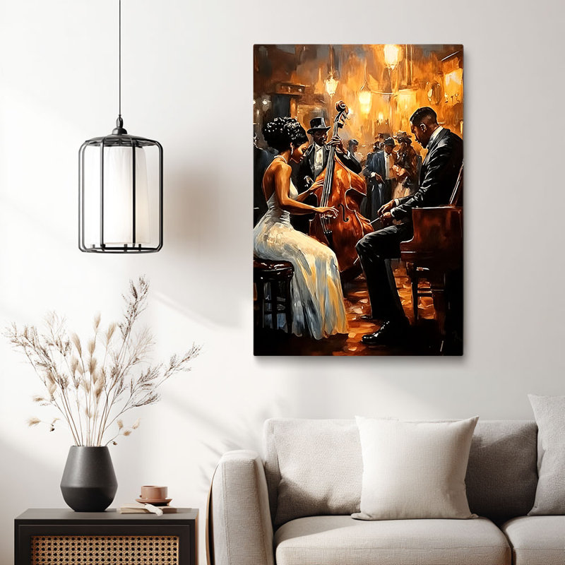 Cadre rétro tendu «Late-Night Jazz Trio in Warm Glow» rétro pour club confortable, 30 x 20 pouces (75 x 50 x 2 cm)