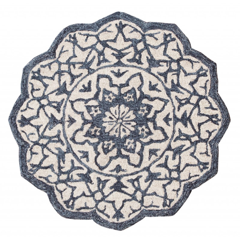 Genovese Floral Hand Hooked Wool Blue/Beige Area Rug, Round 6'
