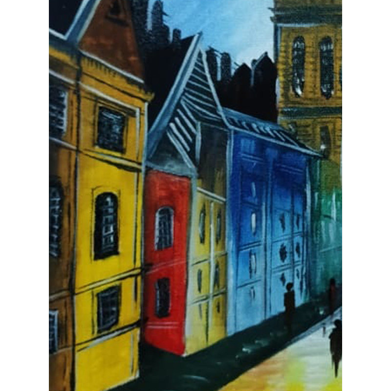 «The Dream City», peinture acrylique sur toile par Suman Das - 23,4 po x 16,5 po, paysage urbain vibrant, art mural moderne texturé, décor de paysage urbain imaginatif