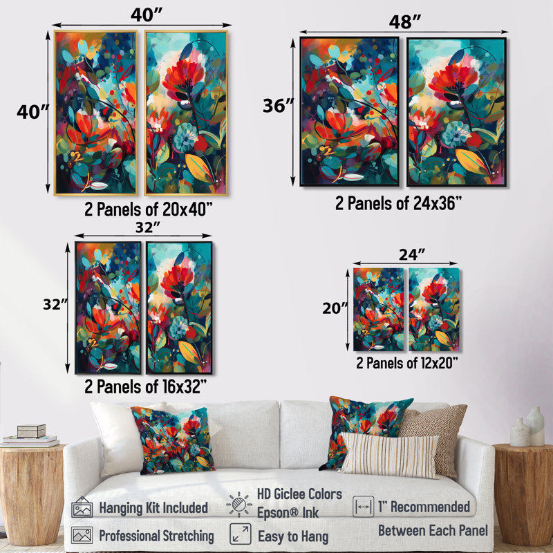 «Red Vibrant Garden Symphony I», art mural floral grand, 20" H x 24" W, Impression encadrée flottante, Black
