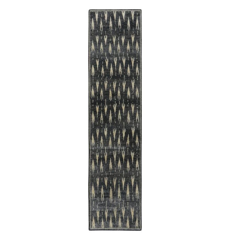 Handmade Silk Geometric Area Rug, Beige/Brown/Black, Runner 10'4" x 2'5"
