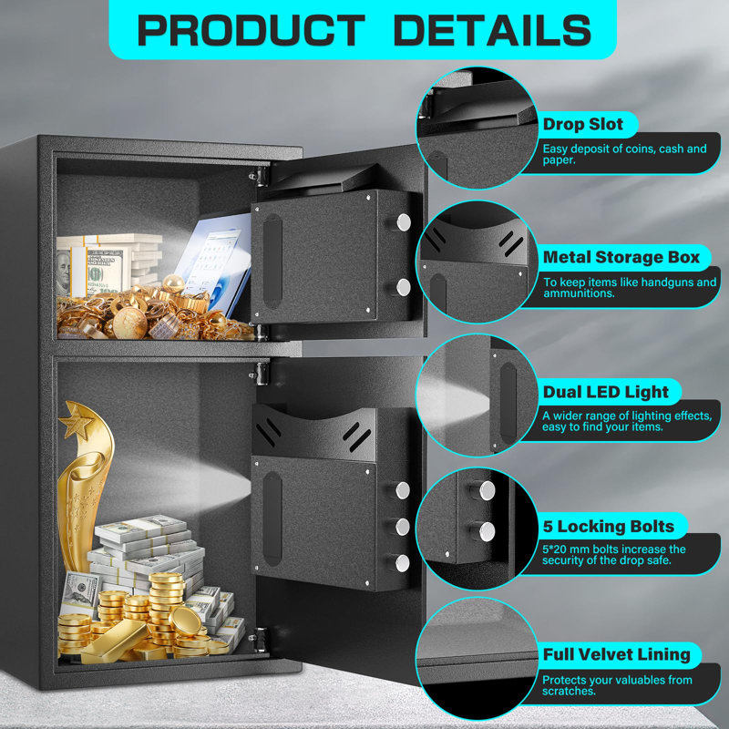 6.0 Cuft Large Biometric Fingerprint Safe Fireproof Waterproof, Anti-theft Money Safe Box With Deposit Slot & Dual Alarm System, Backlit Keypad Security Document Safe For Home Office Hotel