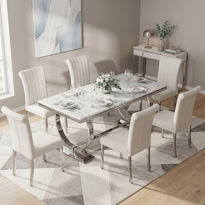 Chaises de salle à manger rembourrées modernes en similicuir avec dossier haut roulé et pieds en acier inoxydable, White