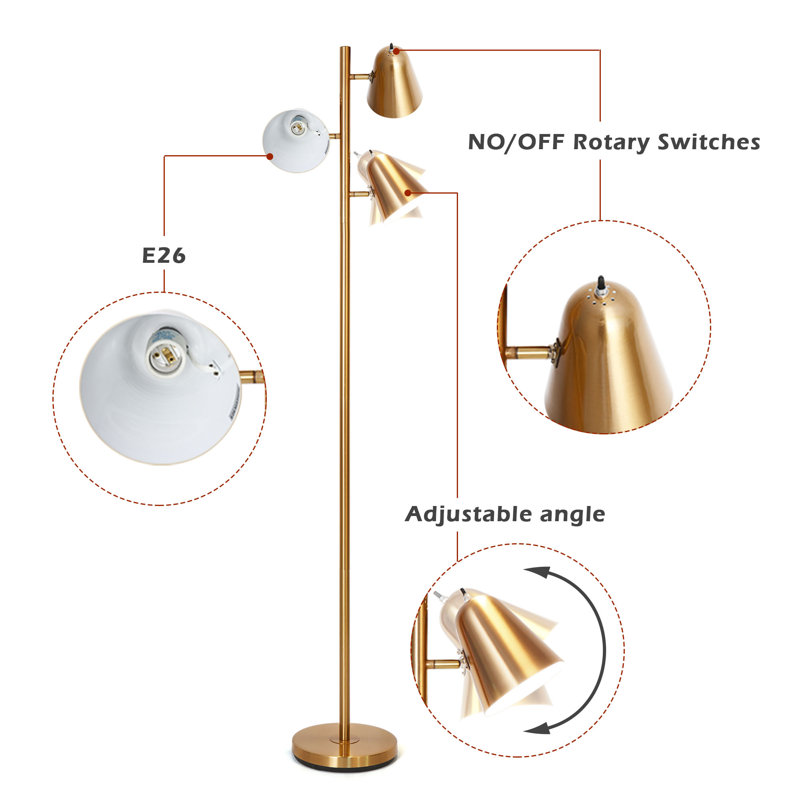 Lampe sur pied haute 64 po avec triple lampe en métal doré