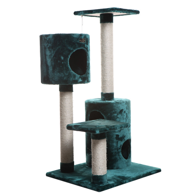 Dark Green Faux Fur and Sisal Cat Tree with Playhouses