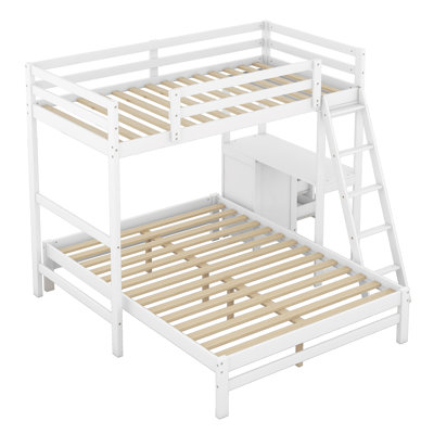 Lit simple superposé au dessus d'un lit double avec bureau intégré et trois tiroirs,