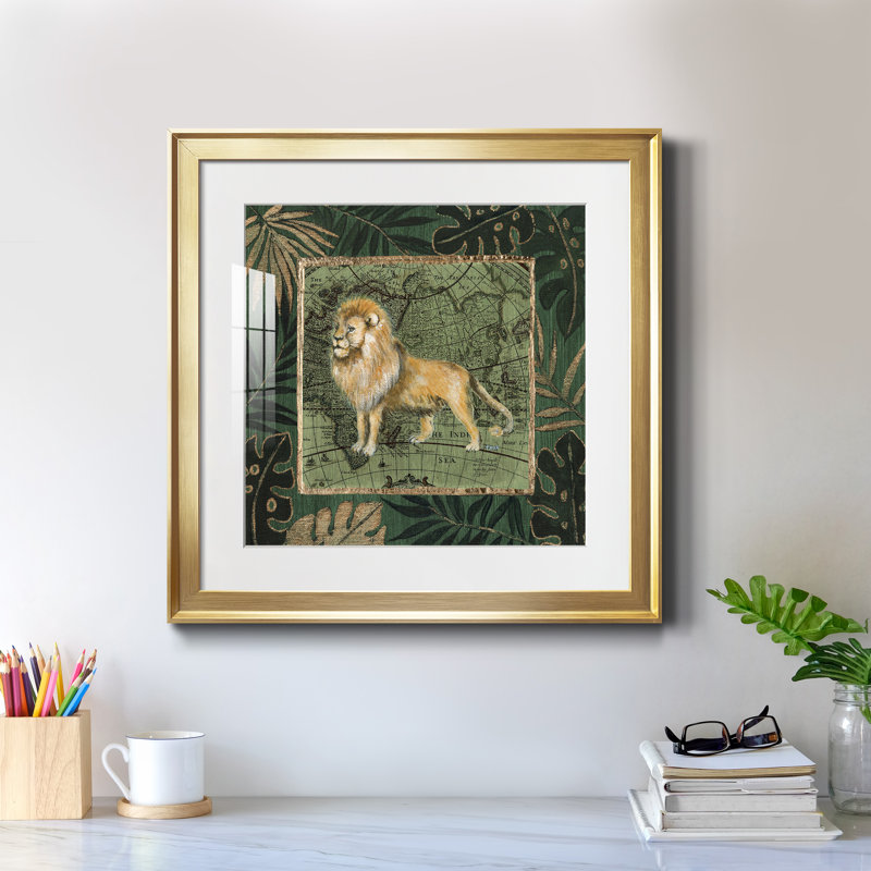 Jungle Lion - Reproduction d'art graphique sur papier encadré, H 17,5 po x l 17,5 po x P 1,5 po, Encadrement doré