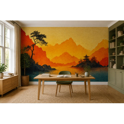 Peinture murale Golden Mountain Pagode Paysage de coucher de soleil Art