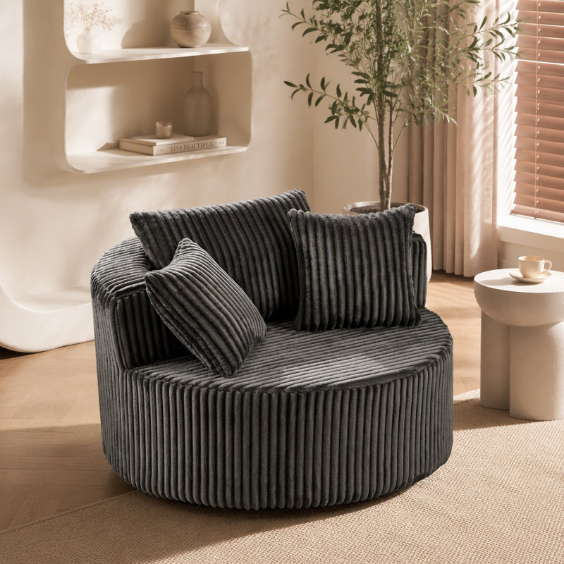 Oversized Round Swivel Accent Chair with Plush Upholstery and Matching Pillows for Cozy Lounging Comfort, Brown Fabric