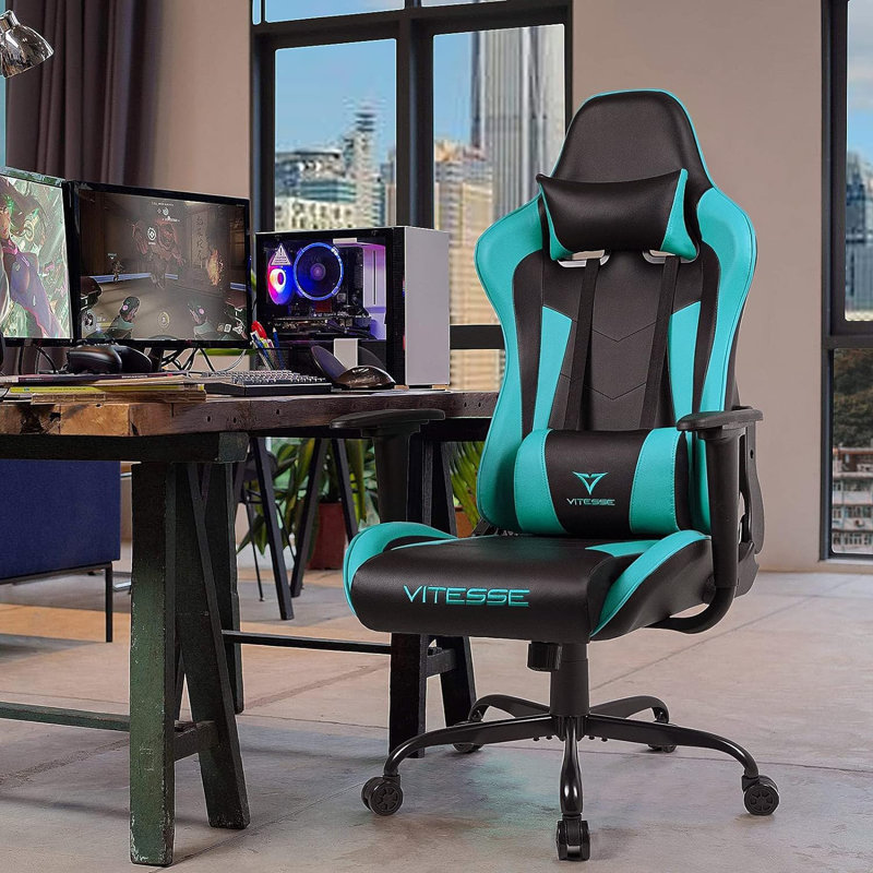Fauteuil de jeu ergonomique pour ordinateur avec support et appui-tête de 330 lb, Bleu sarcelle