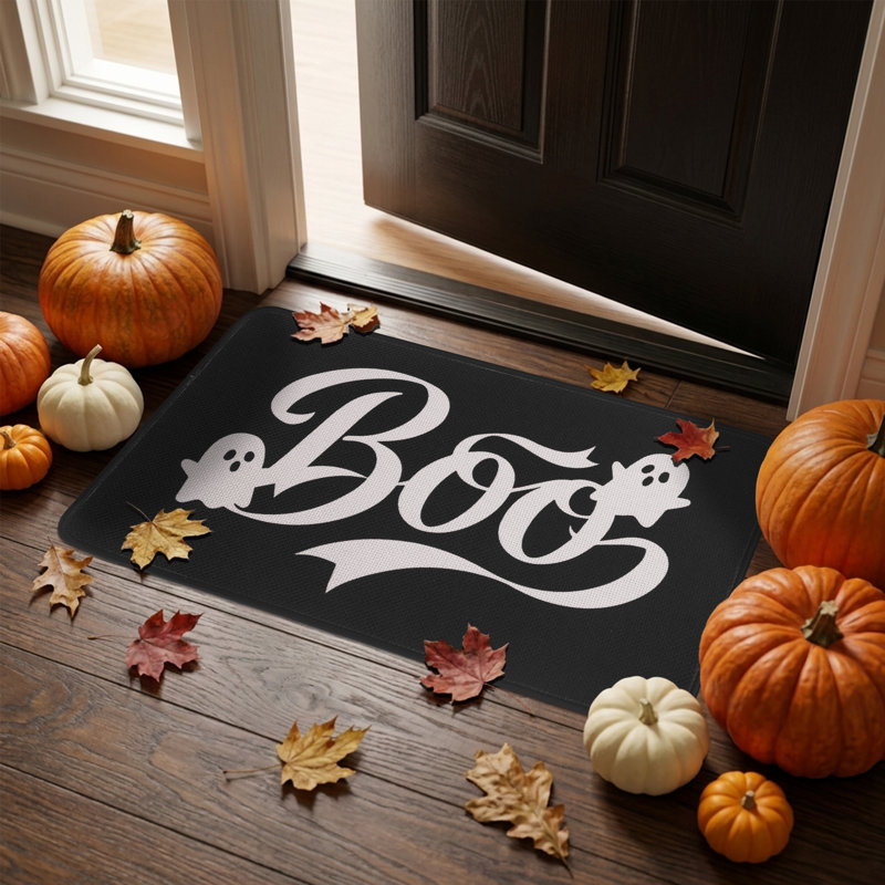 Tapis de cuisine d'Halloween en faux lin « Boo & "Spooky" » (lot de 2), noir et blanc