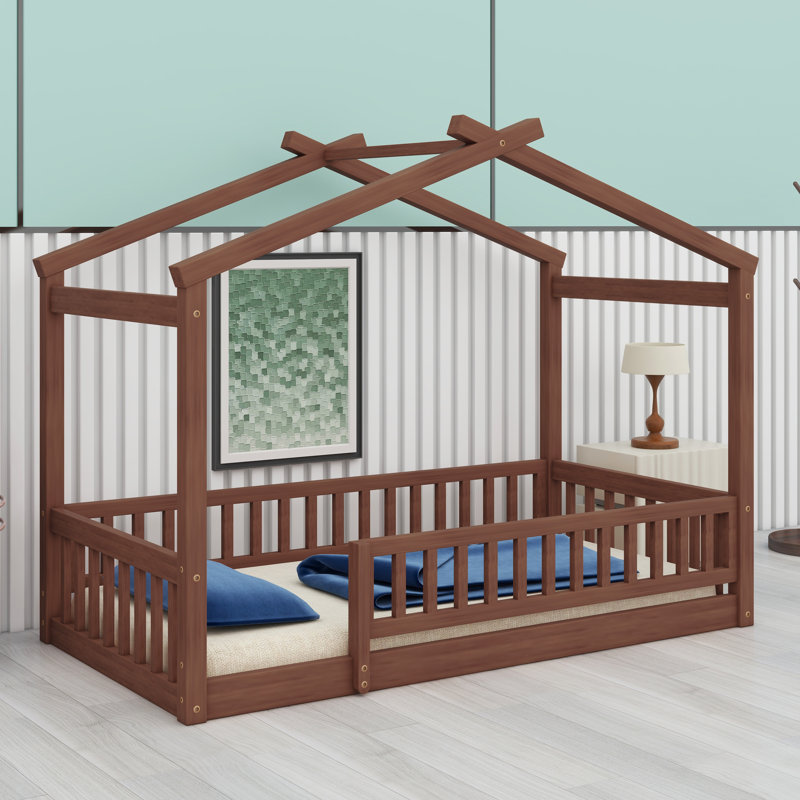 Wooden House Bed Frame with Decorative Fence, Walnut