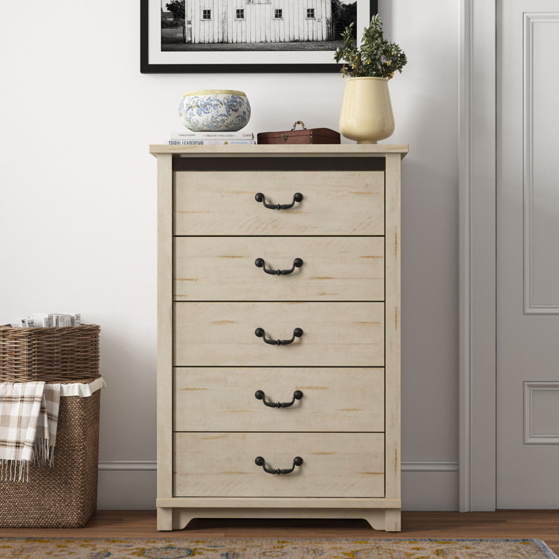 Commode 5 tiroirs Oydis, Blanc antique