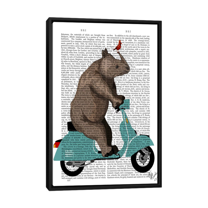 « rhino on cyclomoteur », impression sur toile tendue, H 26 po x l 18 po x P 1,5 po, Toile avec cadre noir, Pas de tapis