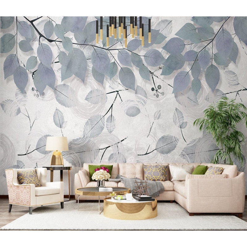 Papier peint amovible scandinave à branches et feuilles nordiques gris, L 35,04 po x l 55 po