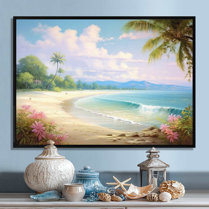 Rourke - plage et océan, art mural, H 12 po x l 20 po x P 1 po, Toile avec cadre flottant noir