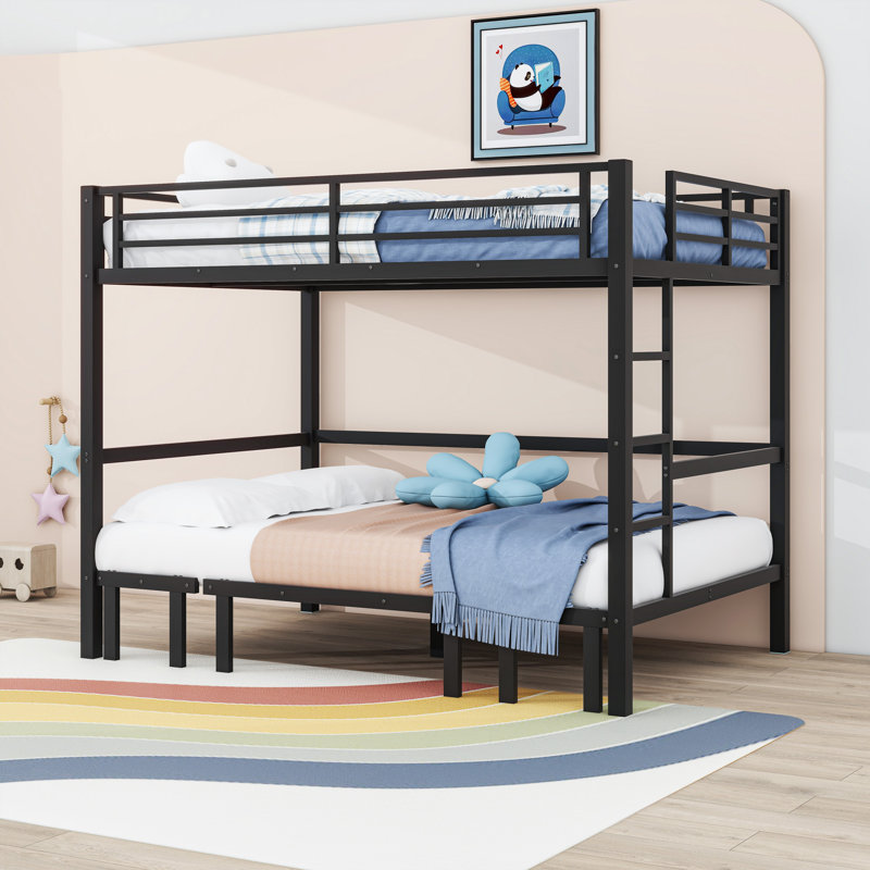 Metal Bunk Bed With Guardrails, Queen Over Queen